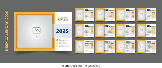 Creative Modern Desk Calendar 2025, Corporate Calendar 2025, Week Starts on Monday, Design template for year calendar 2025.