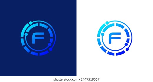 creative modern digital technology letter F icon logo design. with dotted circular Lines and abstract connection points. on white and black background logo can be used for technology, digital