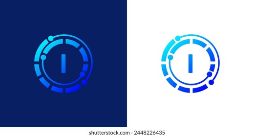 Diseño moderno creativo del logotipo del icono de la letra de la tecnología digital I. con líneas circulares punteadas y puntos de conexión abstractos. sobre fondo blanco y negro logotipo se puede utilizar para la tecnología, digital