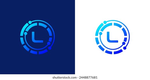 Diseño moderno creativo del logotipo del icono de la letra L de la tecnología digital. con líneas circulares punteadas y puntos de conexión abstractos. en el logotipo del fondo blanco y negro se puede utilizar para la tecnología, digital, conectar