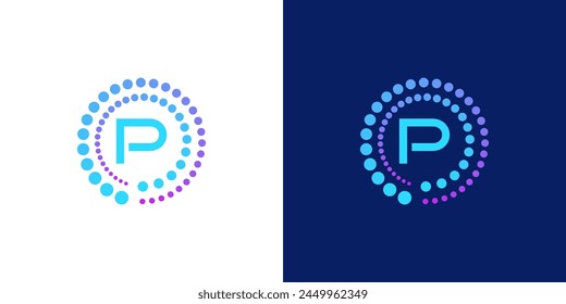 Logo de la letra P de la tecnología digital moderna creativa. con los puntos circulares abstractos. el logotipo se puede utilizar para la tecnología, digital, conexión, datos