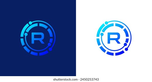 creative modern digital technology letter R icon logo design. with dotted circular Lines and abstract connection points. on white and black background logo can be used for technology, digital, connect