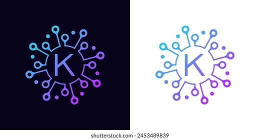 logotipo de la letra K de la tecnología digital moderna creativa. Con la red de moléculas y puntos .logo se puede utilizar para la tecnología, digital, conexión, datos, empresa de electricidad.