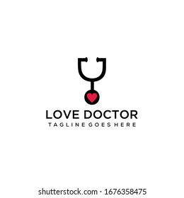 Creative modern doctor sign with stethoscope and heart symbol logo design illustration.