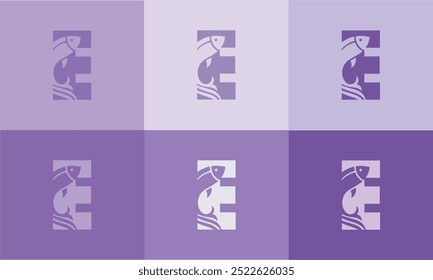 Criativo moderno E Icon Fish Logo com ícone colorido vetor 