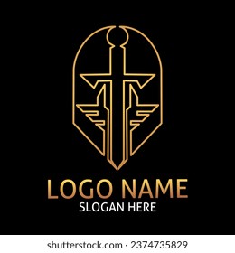Logo artístico creativo, elegante y único, que consiste en la letra T en forma de espada, en color oro
