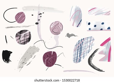 Creative modern elements with abstract brush strokes, freehand bright colors geometric elements, shapes. Aesthetic contemporary collage. Trendy set design
