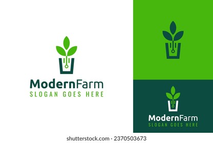 Creative Modern Farm Seed Sprout Leaf Nature Digital Tech Circuit Computer Line Logo Branding Template - Shutterstock ID 2370503673