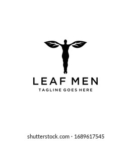 Creative modern fly men with leaves logo design template vector illustration.