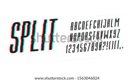Creative modern font. Alphabet letters and numbers. Letter set. Glitch Style. Vector illustration.