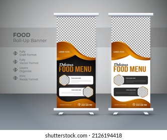 Creative Modern food roll-up banner design for restaurant. Vertical, food roll-up template, banner stand, or flag design template. Vector illustration template