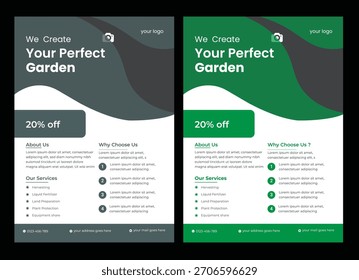 Creative modern fresh clean clear simple agro based flyer or professional agriculture a4 flyer template layout design Landscape Gardening Services Lawn Care Flyer with Green and Yellow Accents