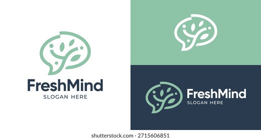 Plantilla de logotipo de mente fresca moderna creativa. Cerebro simple con hoja de árbol para la Ilustración vectorial de diseño de logotipos de psicología.