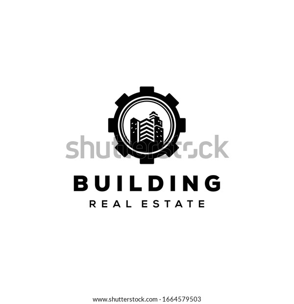 Creative modern gear logo icon vector with high level\
building sign .