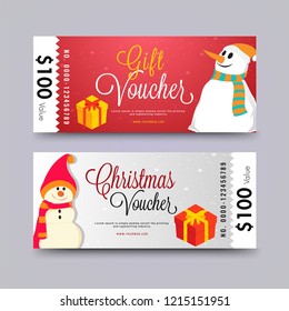 Kreative, moderne Geschenkgutscheine oder horizontales Vorlagendesign mit Illustration von Schneemann und bestem Preisnachlass für den Verkauf von Weihnachtsfestspielen.