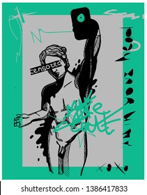 Creative modern green calligraphy poster. Greek youth sculpture do selfie. T-Shirt Design & Printing, clothes, bags, posters, invitations, cards, leaflets etc. Vector illustration hand drawn.