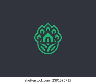 Creative modern green line water drop with house and tree logo