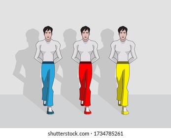 Diseño creativo y atractivo de personajes caminantes con un color sólido para la presentación de negocios. Vista frontal. Vector, icónico, inactivo.