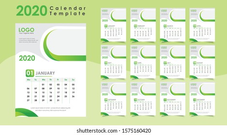 Creative and Modern Happy New Year Calendar, 2020 Wall Calendar Design Template, Green Color Calendar 2020