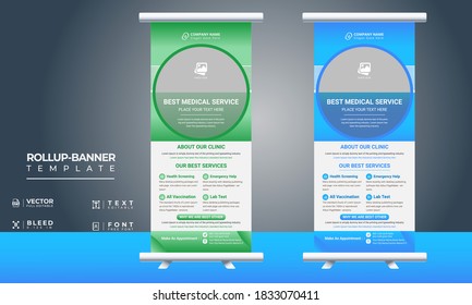 Creative And Modern health care Roll up banner design print template. With Two-color Design.