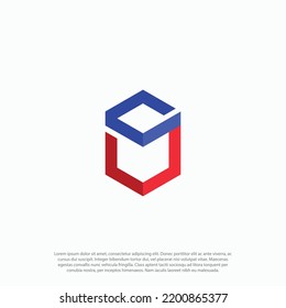 Creative modern hexagonal artistic red and blue color combined US VS V S initial based letter icon logo.