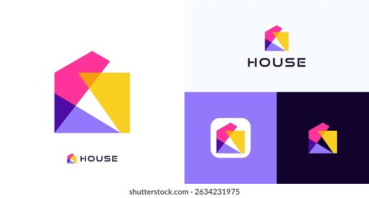 Criativa moderna casa sobrepondo formas com conceito de cor vibrante, ícone de logotipo design vetor elemento, Símbolo casa edifício sinal geométrico colorido para imóveis, identidade da marca e empresa de negócios