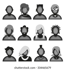 Creative modern icons avatars with men and women persons. Black and white version.Vector  illustration
