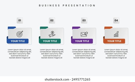 Plantilla de infografía moderna creativa con 4 opciones. Presentación de ilustración de carpeta para empresas. Flujo de trabajo Corporativa con iconos incluidos.
