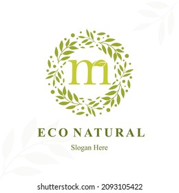 Creative Modern Initial m Letter with Circle Leaves Frame for Eco Friendly Fashion, Beauty Cosmetic, Make up, Soap, Environment Consultant Service Business Logo Vector Idea Design