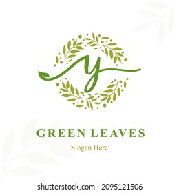 Creative Modern Initial y Letter with Circle Leaves Frame for Eco Friendly Fashion, Beauty Cosmetic, Make up, Soap, Environment Consultant Service Business Logo Vector Idea Design