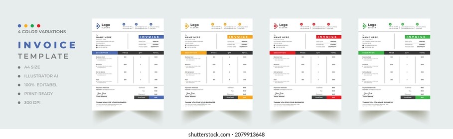 Creative modern invoice design template with 4 color variation