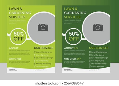 A creative and modern lawn care flyer design, ideal for promoting landscaping, gardening, and lawn maintenance services. Features vibrant green colors, elegant typography, and nature inspired elements