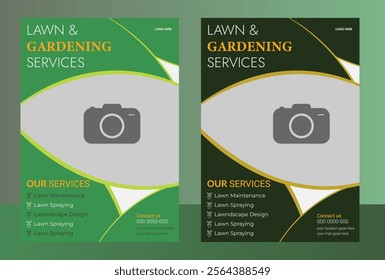 A creative and modern lawn care flyer design, ideal for promoting landscaping, gardening, and lawn maintenance services. Features vibrant green colors, elegant typography, and nature inspired elements