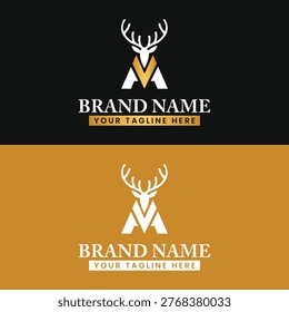 Creative and modern letter A and V monogram logo combined with a deer head and antlers, symbolizing strength, elegance, nature, and premium branding. This minimalist luxury logo design is ideal for fashion brands, outdoor businesses, hunting brands, real estate, and high-end corporate identity. Clean vector style with versatile usage for branding, logo templates, and professional identity design.