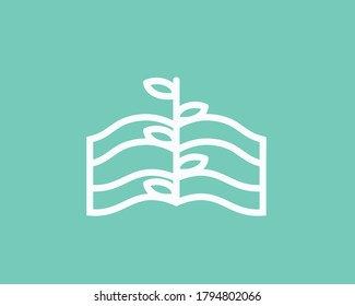 Creative and modern logo of a Book with a vigorous plant growing out of it. The design uses just one flat color
