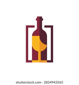 A creative and modern logo design combining the silhouette of a wine bottle and a wine glass within a rectangular frame, isolated on white background.