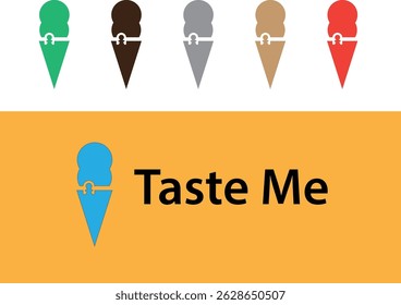 Creative modern logo design titled 'Taste Me' featuring a minimalistic ice cream cone icon with a simple double scoop illustration and a clean sans-serif typography. Available in multiple color variat