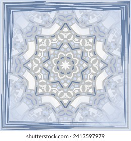 Creative modern mandala pattern in white gray blue for carpet, rug, shawl , pillow, tiles. Frame. Scarf design.