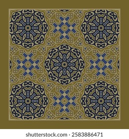 Creative modern mandala pattern in yellow blue for carpet, rug, shawl , pillow, tiles. Frame. Scarf design.