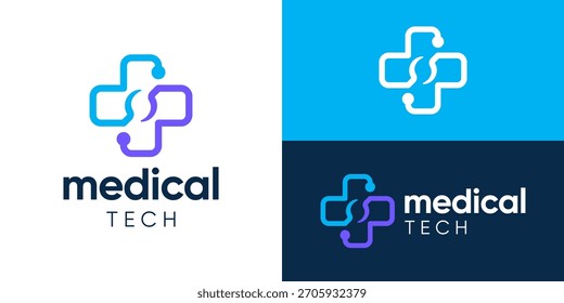 Creative modern medical tech logo template. Simple cross plus with stethoscope or dot connect logo design vector illustration.