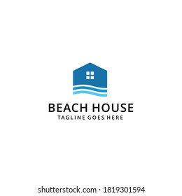 Creative modern minimalist house with sea wave sign logo design template 