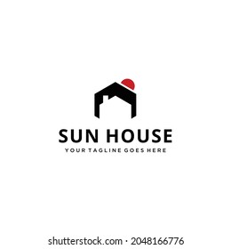 Creative modern minimalist house with sun sign logo design template 