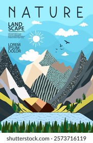 A creative modern minimalist poster with abstract mountain scenery, magnificent images of forests, parks and lakes.