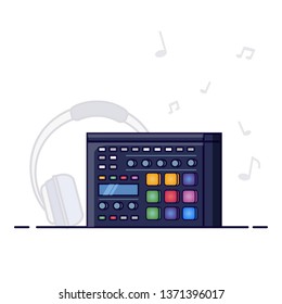 Creative modern musical instruments. Music and studio equipment. Icons including recording studio launchpad, headset. Cartoon flat line style vector illustration on white background.