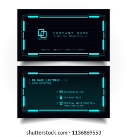 Creative modern name and business card with the design of sci-fi, hi-tech style and dark Blue color theme, horizontal standard size, vector and illustration EPS10 template