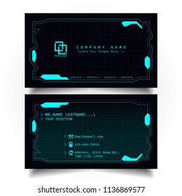 Creative modern name and business card with the design of sci-fi, hi-tech style and dark Blue color theme, horizontal standard size, vector and illustration EPS10 template