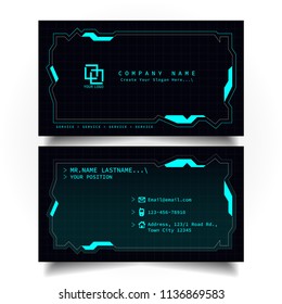 Creative modern name and business card with the design of sci-fi, hi-tech style and dark Blue color theme, horizontal standard size, vector and illustration EPS10 template