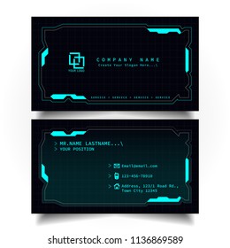 Creative modern name and business card with the design of sci-fi, hi-tech style and dark Blue color theme, horizontal standard size, vector and illustration EPS10 template
