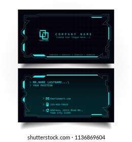 Creative modern name and business card with the design of sci-fi, hi-tech style and dark Blue color theme, horizontal standard size, vector and illustration EPS10 template