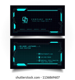 Creative modern name and business card with the design of sci-fi, hi-tech style and dark Blue color theme, horizontal standard size, vector and illustration EPS10 template